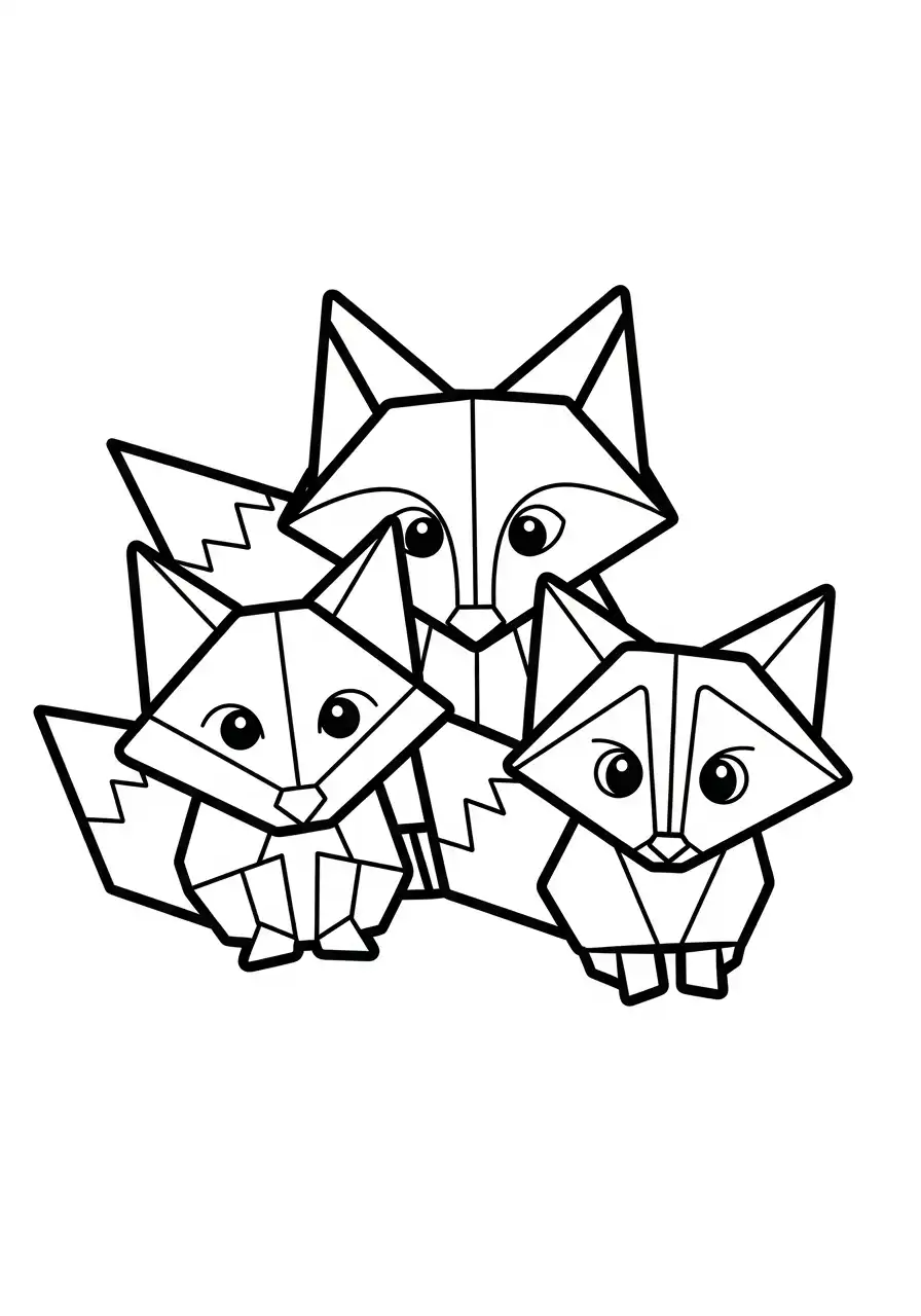 drie origami vossen kleurplaat