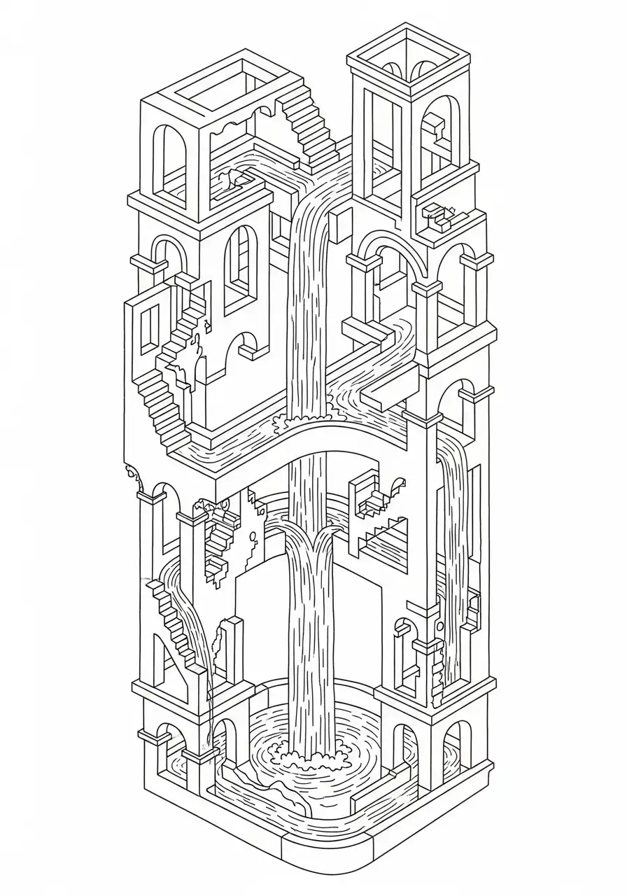 Kleurplaat Optische illusies 14 escher waterval illusie kleurplaat