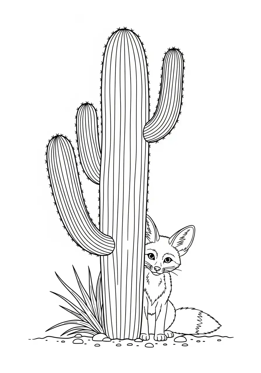 fennek vos achter saguaro cactus kleurplaat