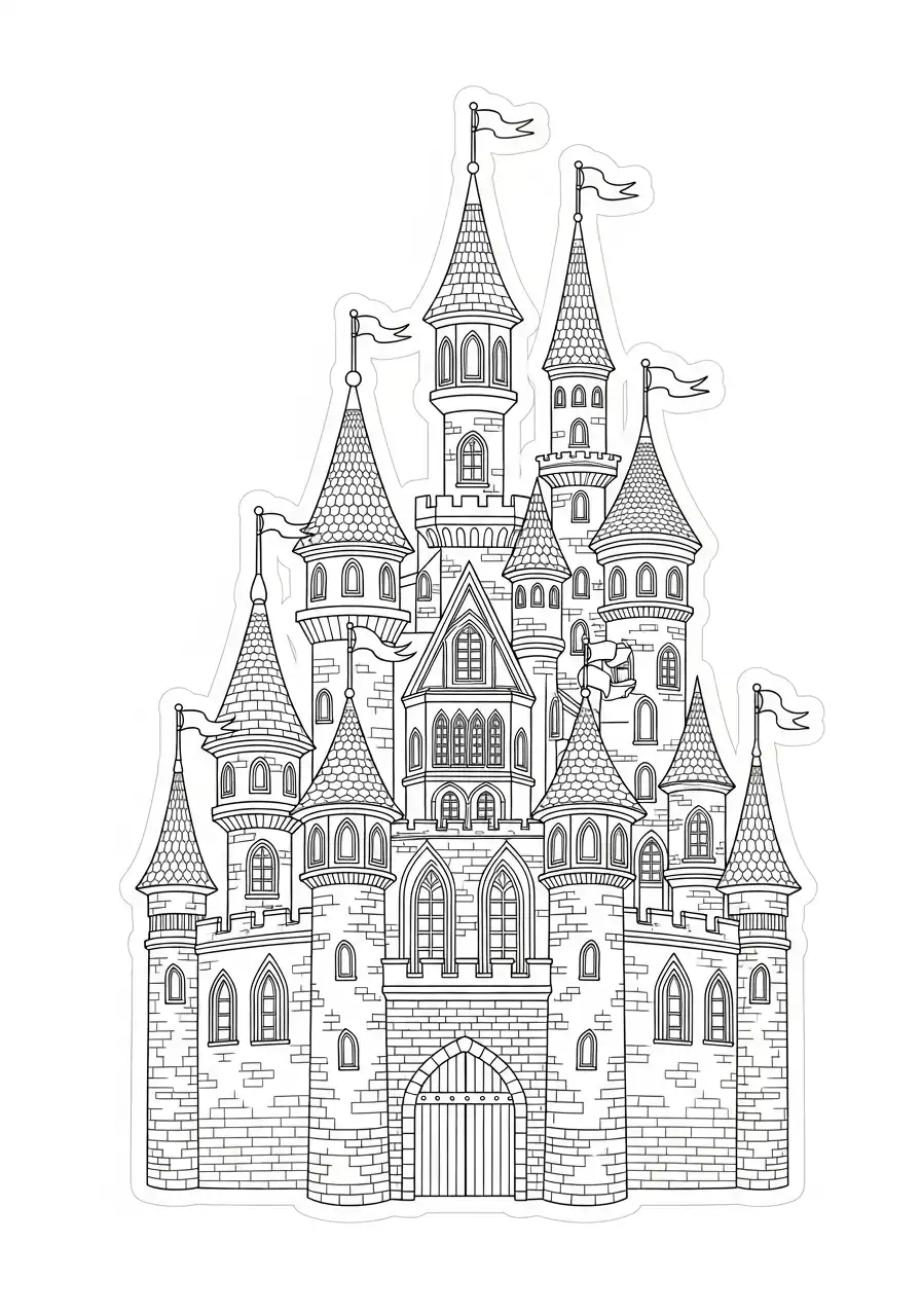 Kleurplaat Sticker 14 gedetailleerd kasteel kleurplaat