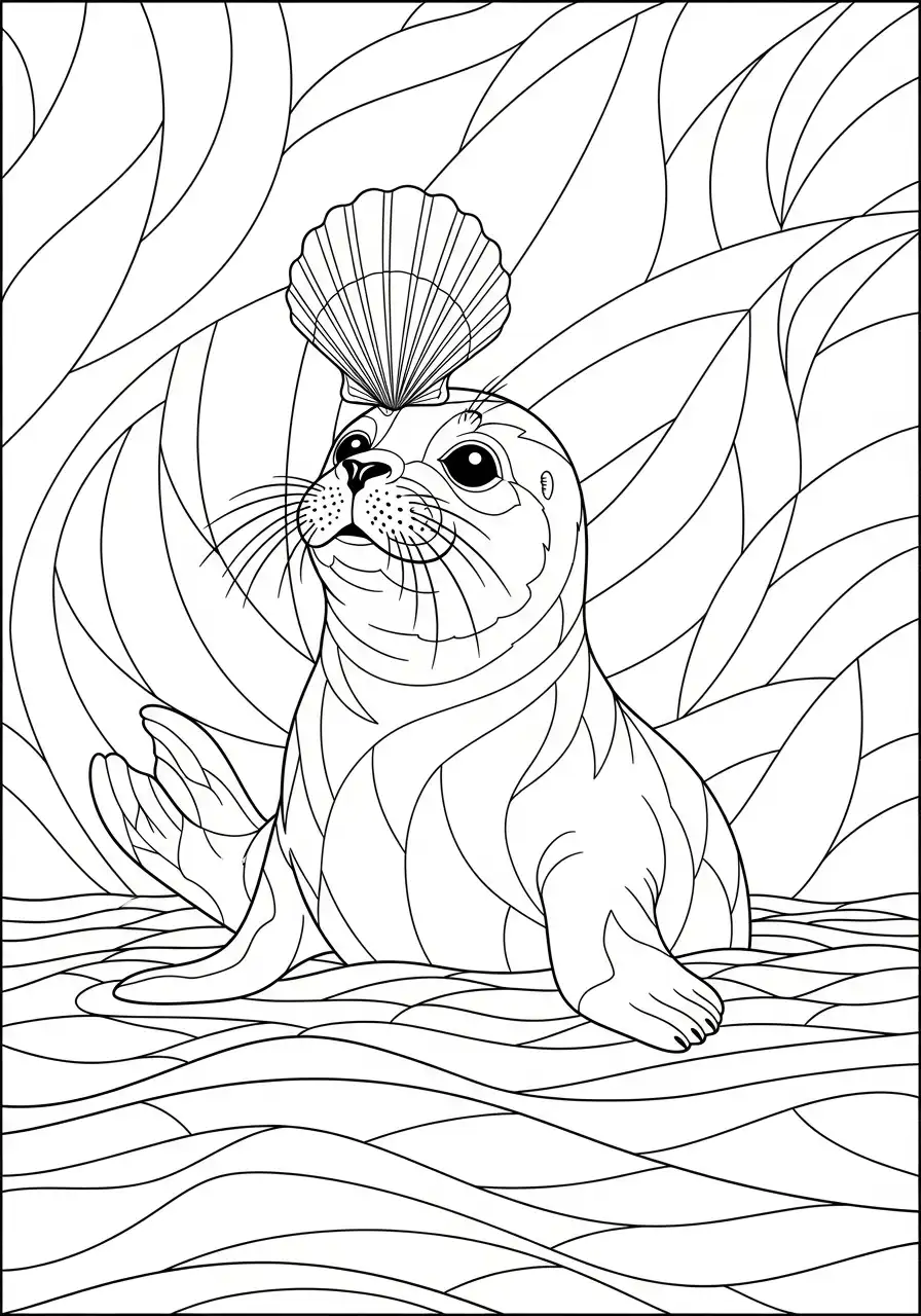 gestileerde zeehond met schelp kleurplaat