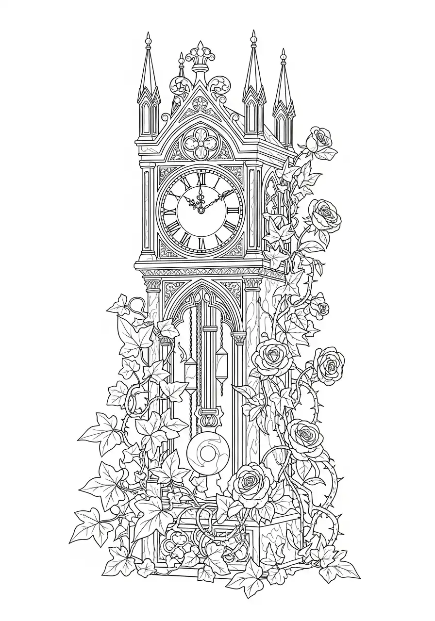 gotische klok met rozen en klimop kleurplaat