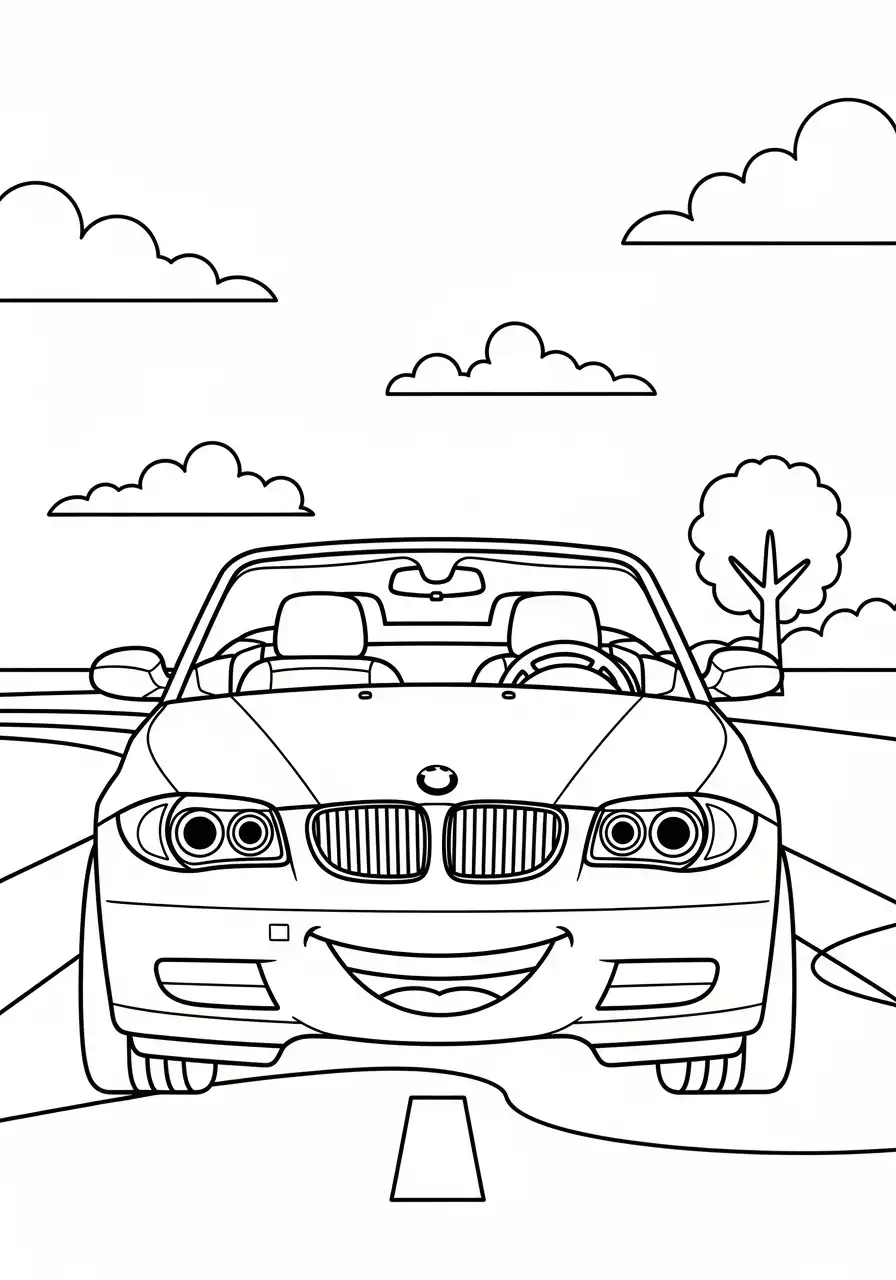 grappige bmw cabrio op de weg kindvriendelijk