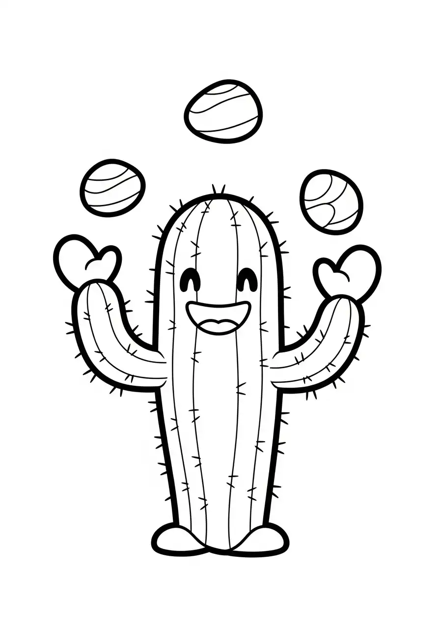 grappige cactus jongleert met stenen kleurplaat