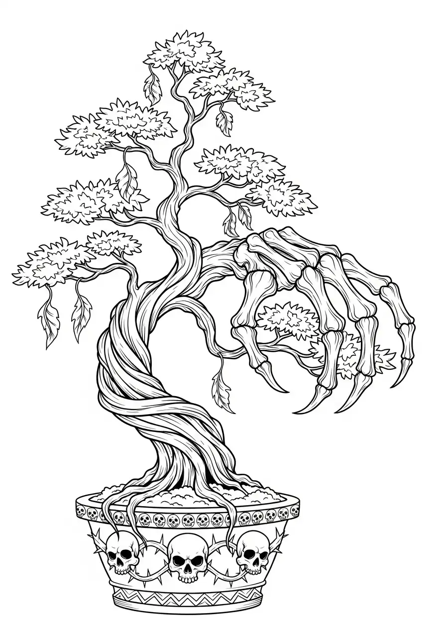 griezelige skelet hand bonsai kleurplaat