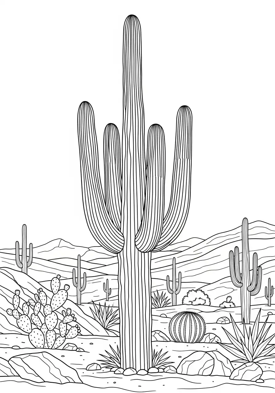 grote saguaro cactus in landschap kleurplaat