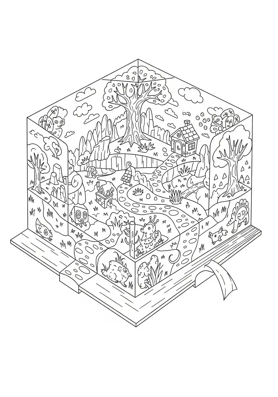 Kleurplaat Optische illusies 17 isometrische doolhof kubus kleurplaat