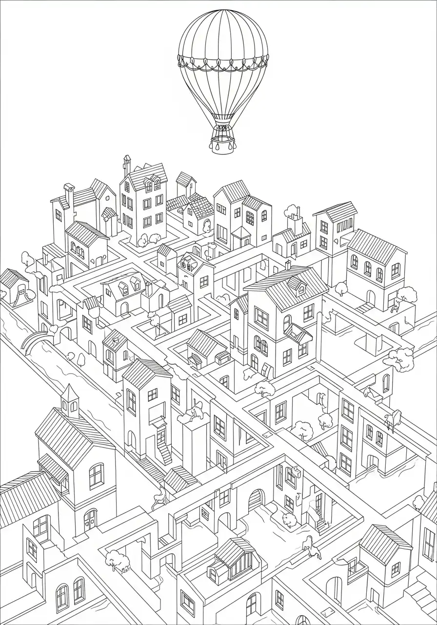 Kleurplaat Optische illusies 18 isometrische doolhof stad kleurplaat