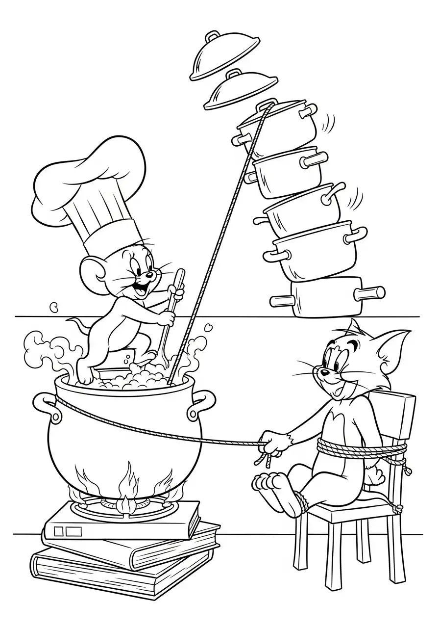 Kleurplaat Tom en Jerry 9 jerry chef kok tom vastgebonden kleurplaat
