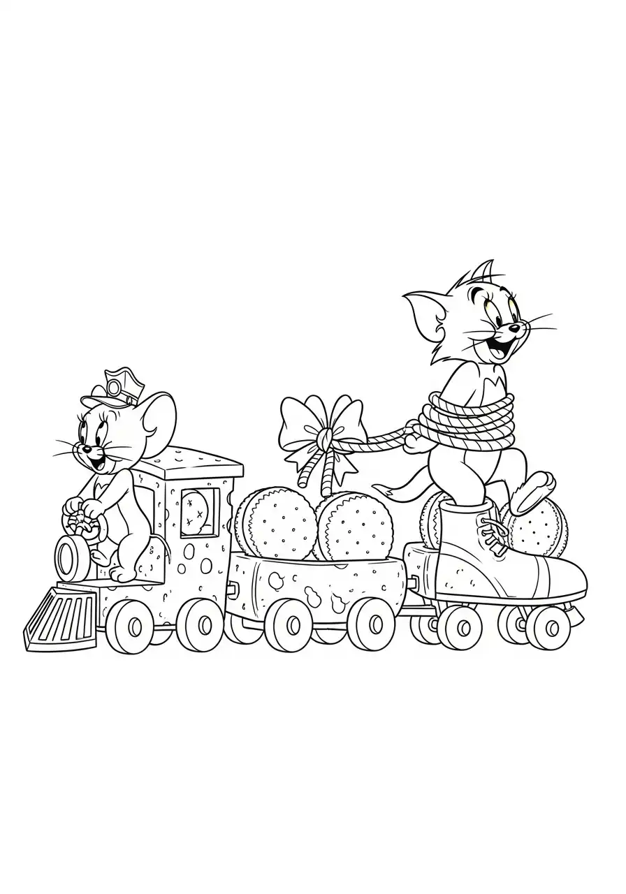 Kleurplaat Tom en Jerry 10 jerry rijdt trein tom vastgebonden kleurplaat