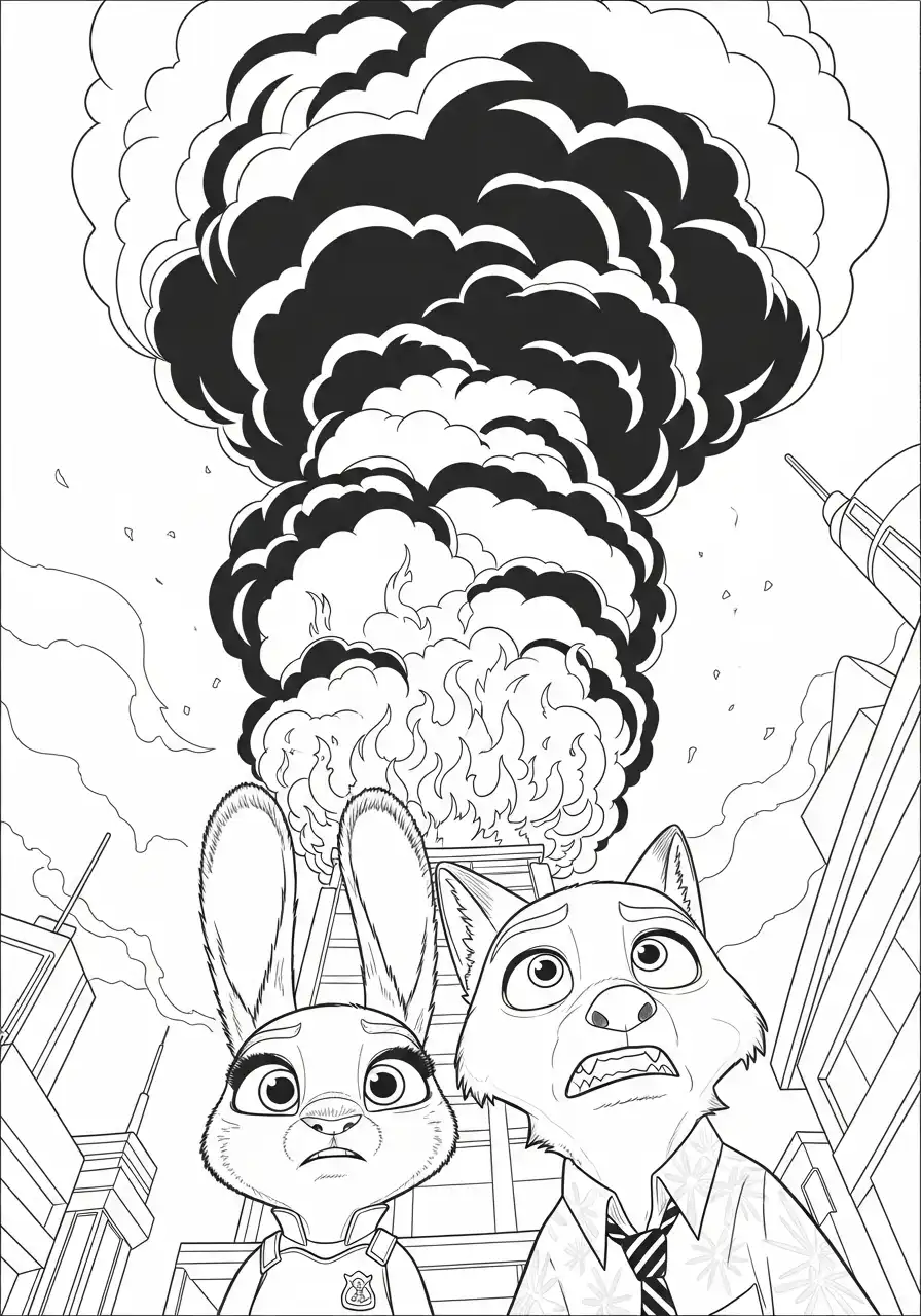 judy en nick kijken geschokt naar grote explosie boven stad