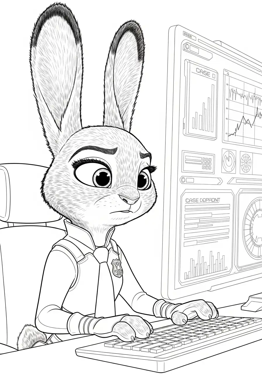judy hopps als politieagent achter computer onderzoek