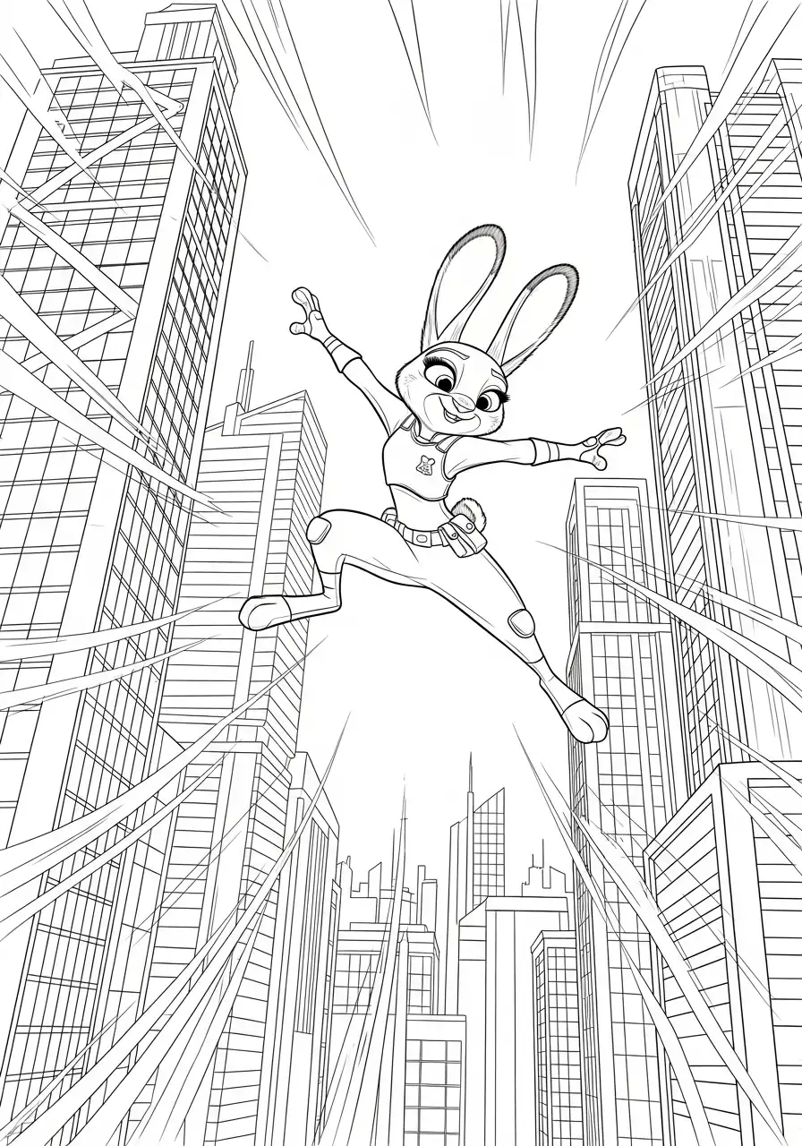 judy hopps springt heldhaftig tussen wolkenkrabbers