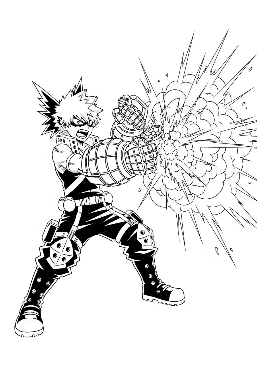 katsuki bakugo actie met explosieve granaat kleurplaat