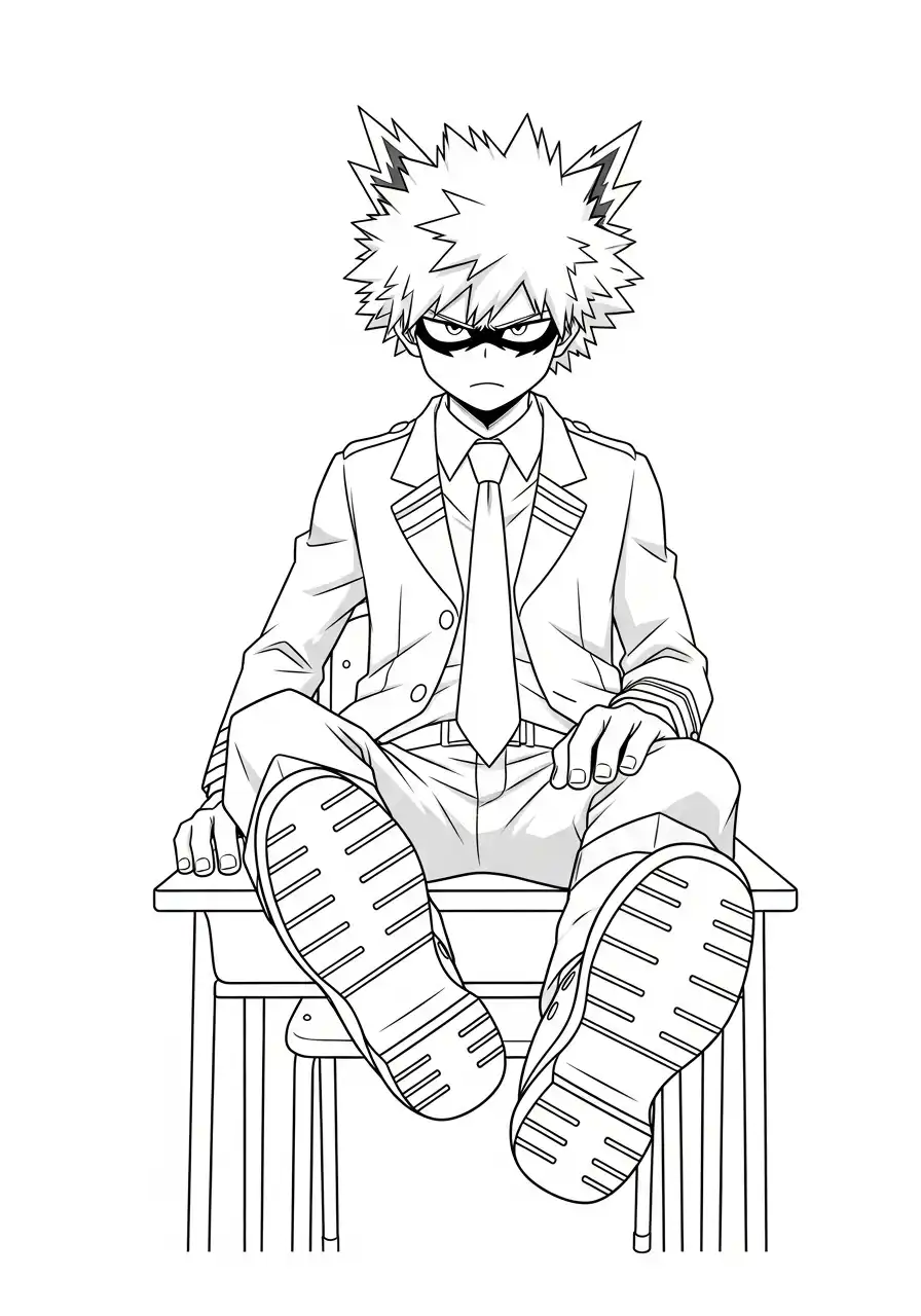 katsuki bakugo in schooluniform op bureau kleurplaat