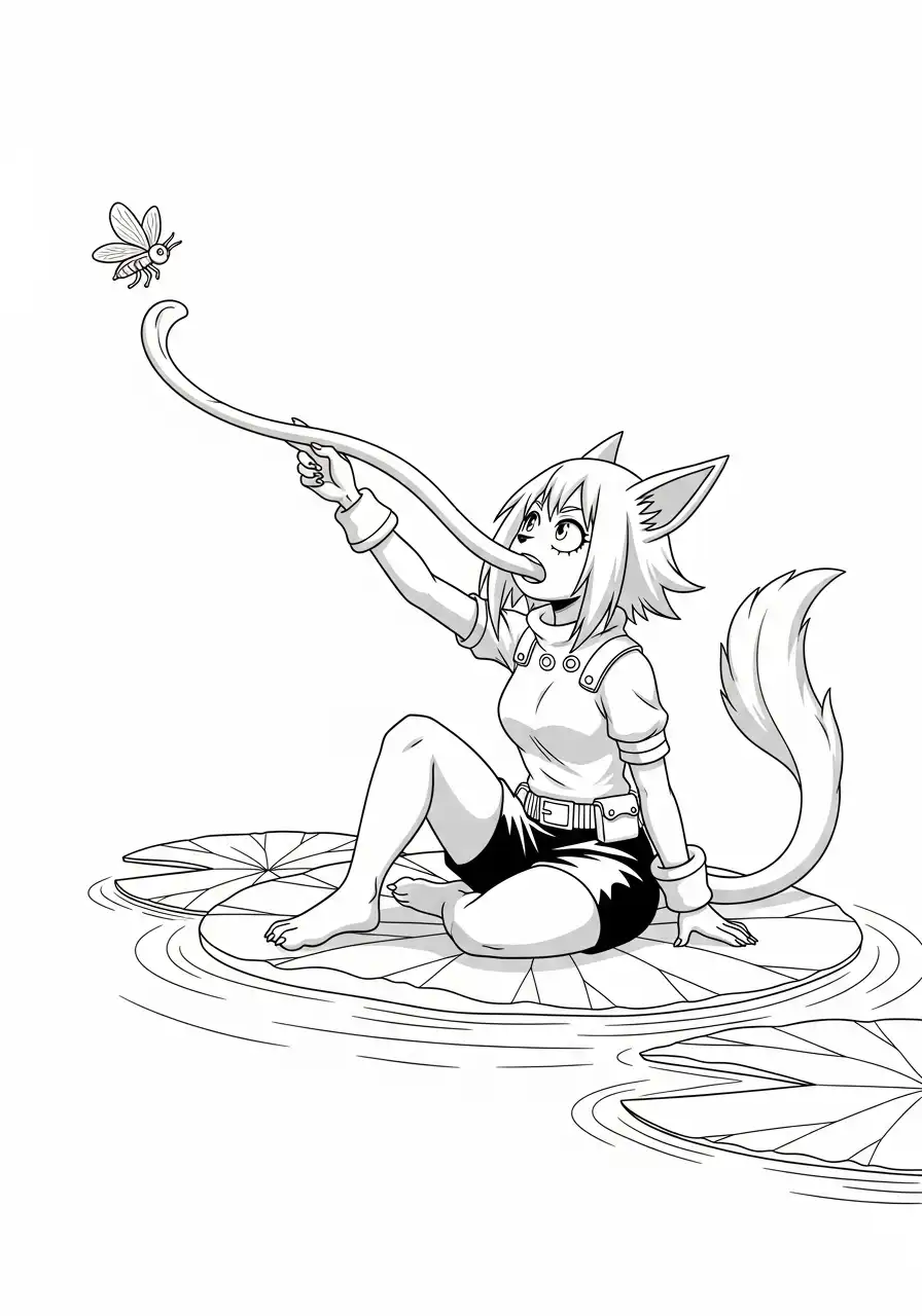 kattenmeisje vangt insect met tong kleurplaat