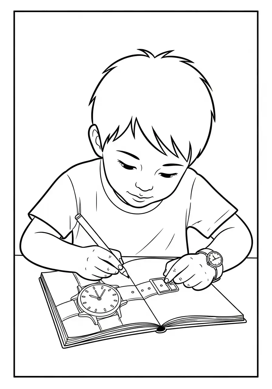 kind tekent pols horloge klokkijken kleurplaat