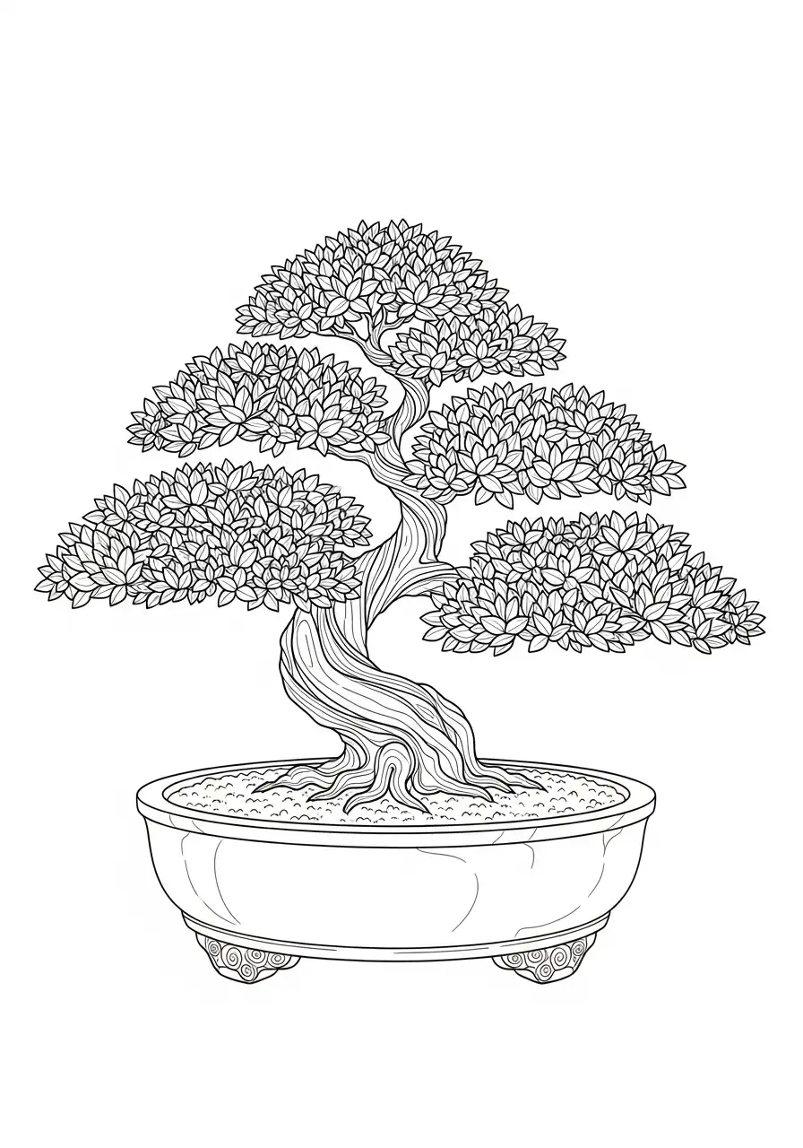 klassieke ronde pot bonsai kleurplaat