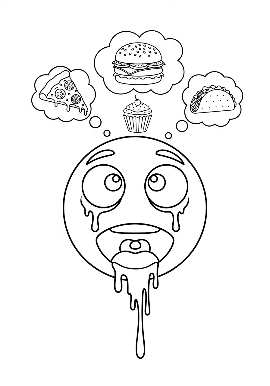 Emoji Kleurplaat 38 kwijlende emoji met fastfood kleurplaat