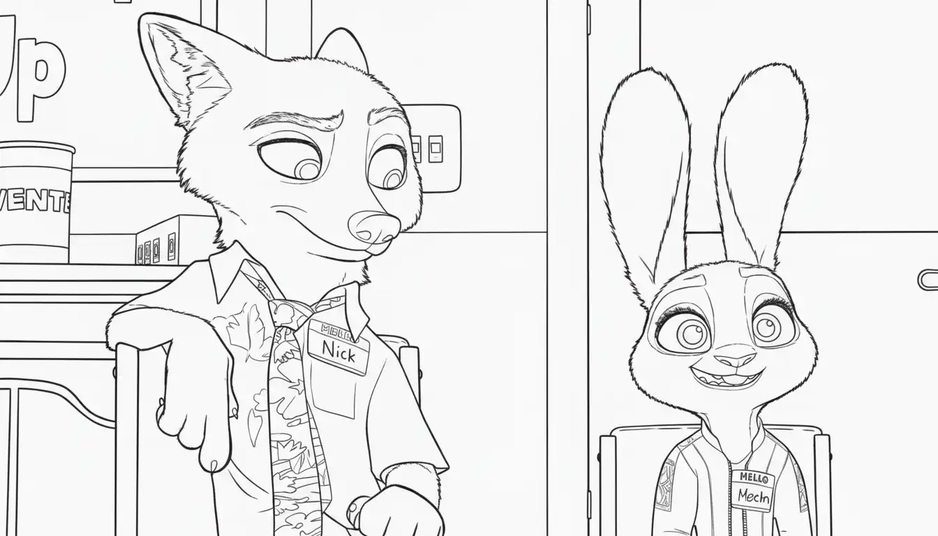 lachende judy en nick ontspannen portret kleurplaat