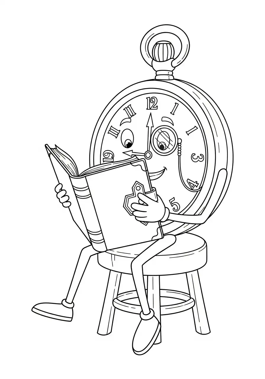 lezend zakhorloge op kruk kleurplaat