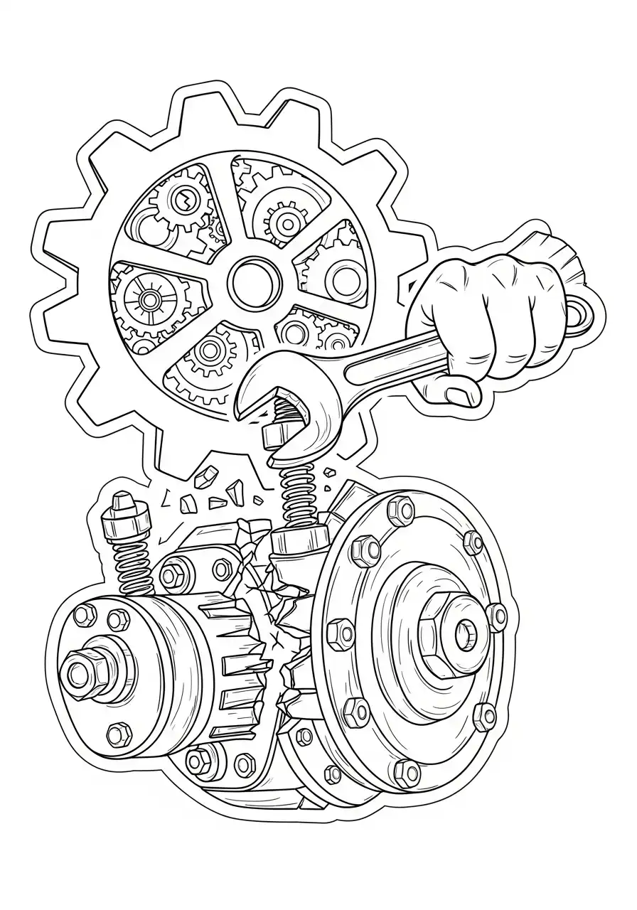 Kleurplaat Sticker 22 mechanische tandwielen en sleutel sticker kleurplaat