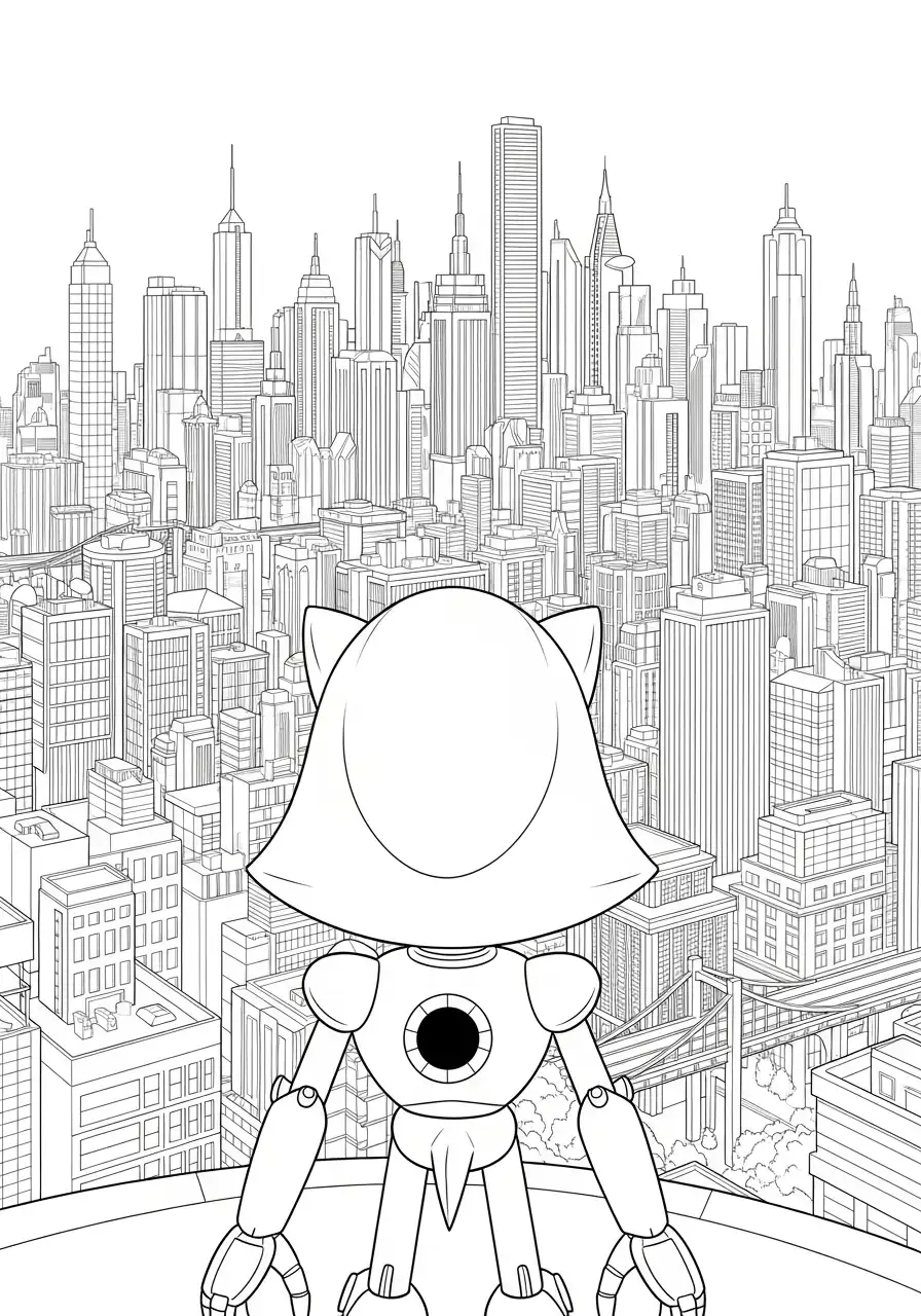 metal sonic uitzicht op skyline kleurplaat