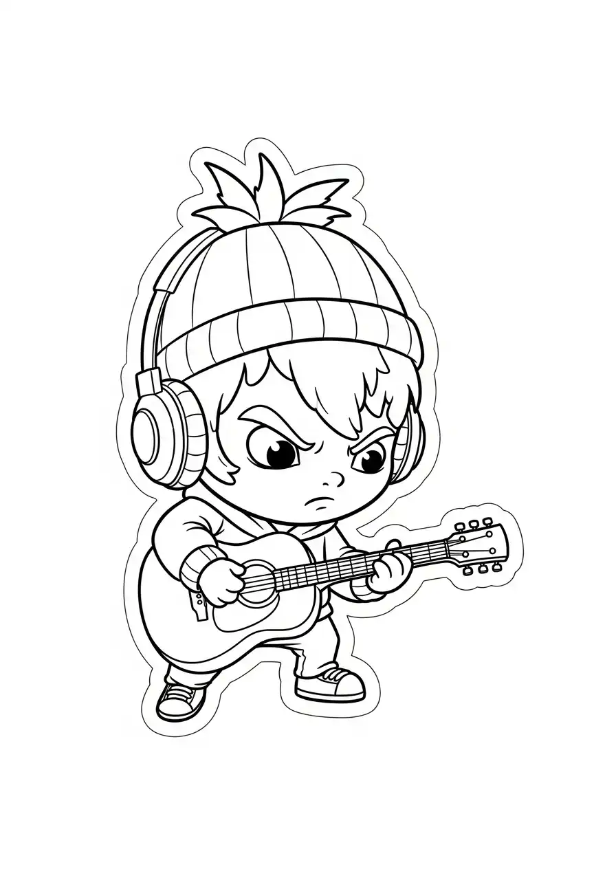 Kleurplaat Sticker 23 muzikant kind met gitaar sticker kleurplaat