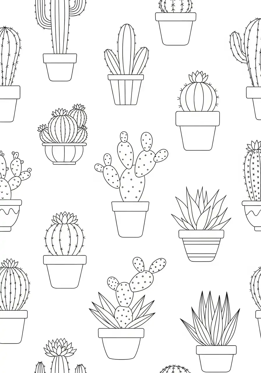 naadloos cactus potten patroon kleurplaat