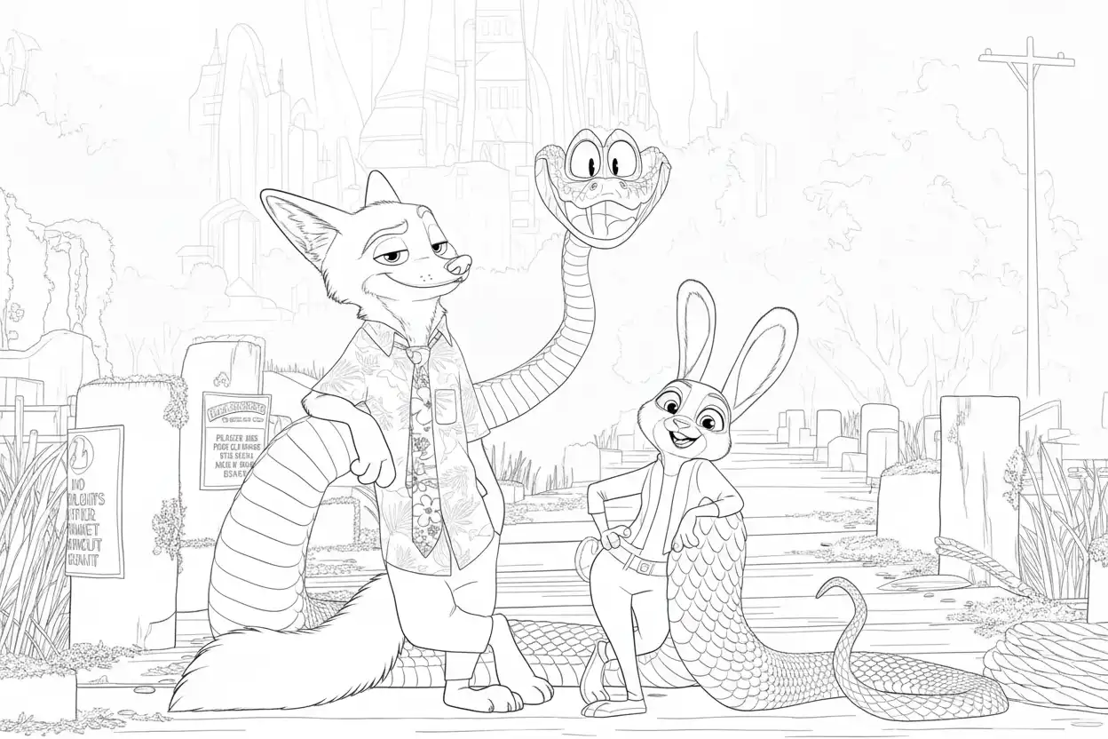 nick wilde judy hopps en vriendelijke slang oerwoud scene