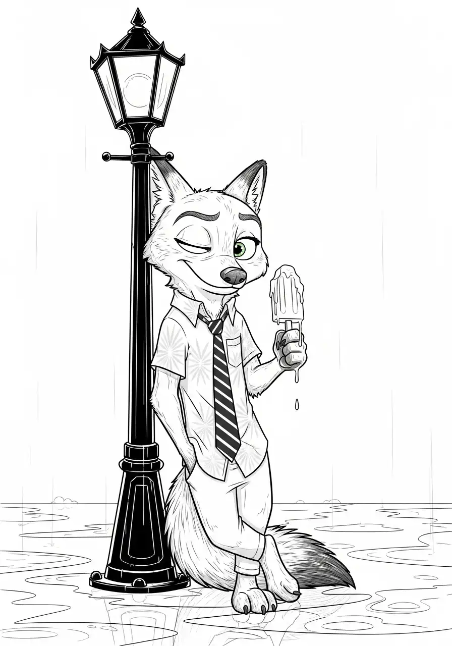 nick wilde met ijsje onder lantaarnpaal zootropolis regen