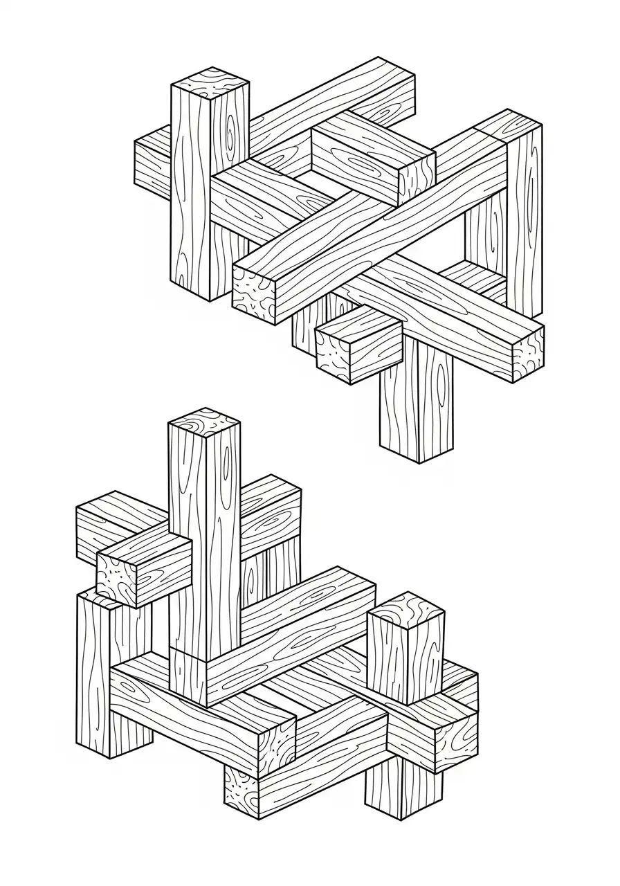 Kleurplaat Optische illusies 22 onmogelijke houten balken kleurplaat