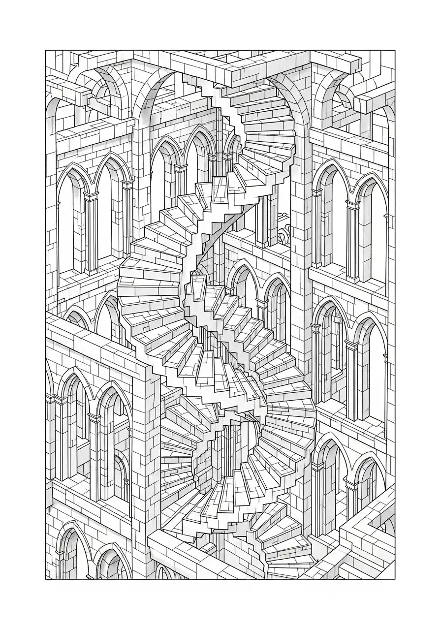 Kleurplaat Optische illusies 23 onmogelijke spiraaltrap architectuur kleurplaat