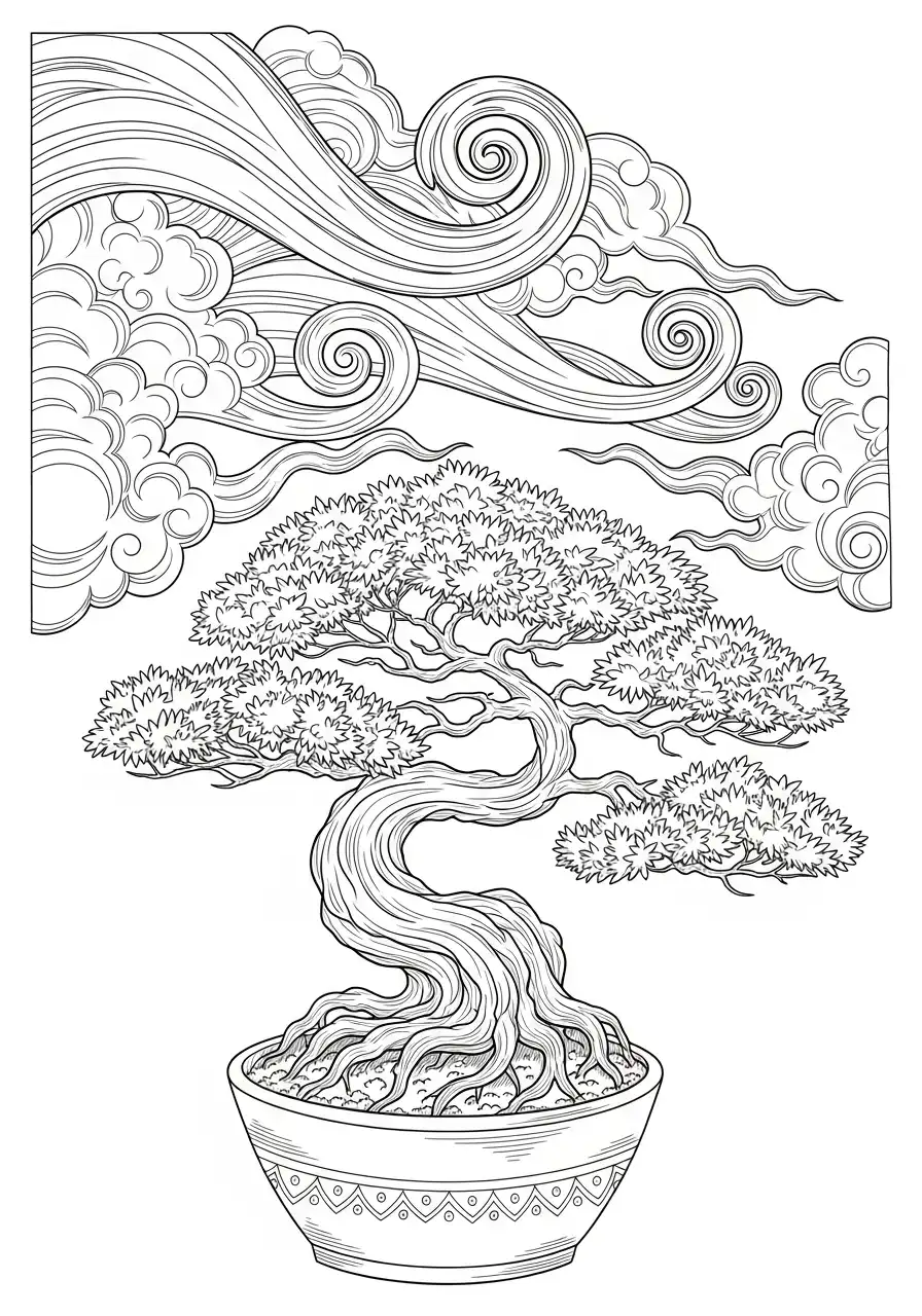 oosterse wolken bonsai kleurplaat