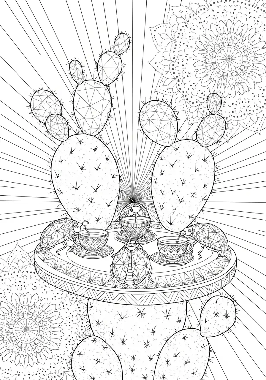 opuntia cactussen met mandala achtergrond kleurplaat