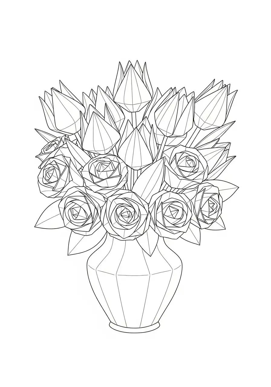 origami bloemenboeket in vaas kleurplaat