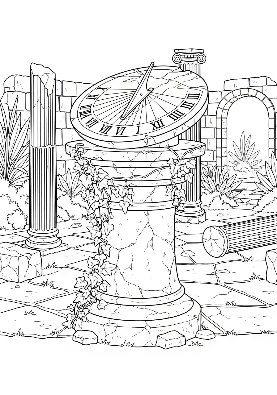 oude zonnewijzer in ruine kleurplaat