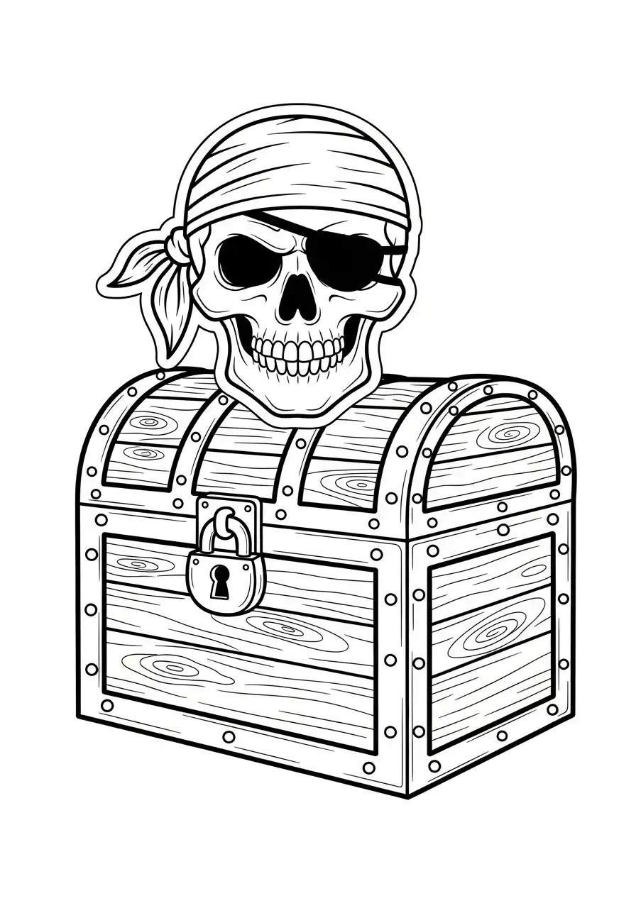 Kleurplaat Sticker 26 piratenschedel schatkist kleurplaat