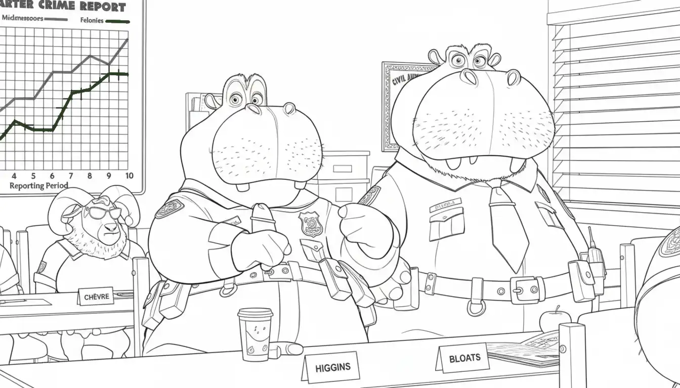 politie agenten nijlpaarden higgins en bloats in vergadering