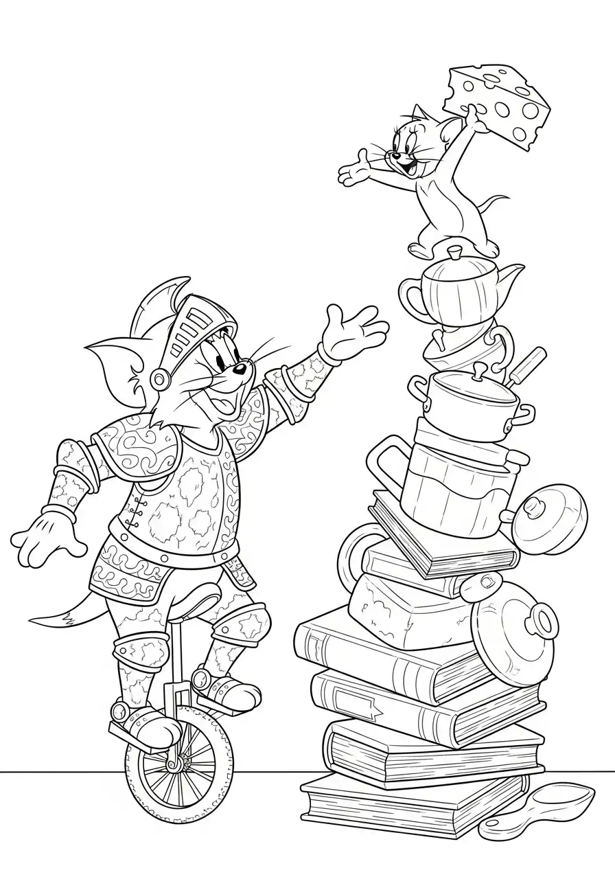 Kleurplaat Tom en Jerry 13 ridder tom op eenwieler kleurplaat
