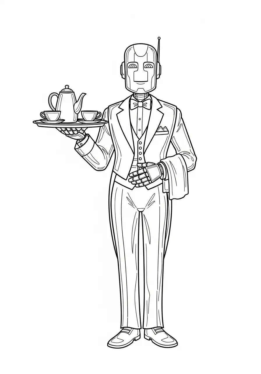robot butler serveert thee kleurplaat