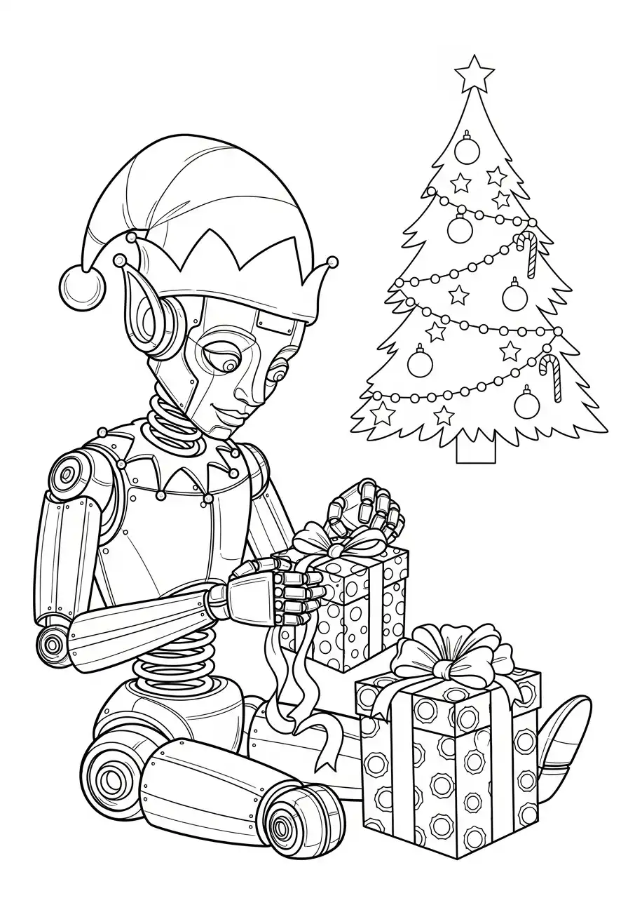 robot elf pakt kerstcadeaus in kleurplaat