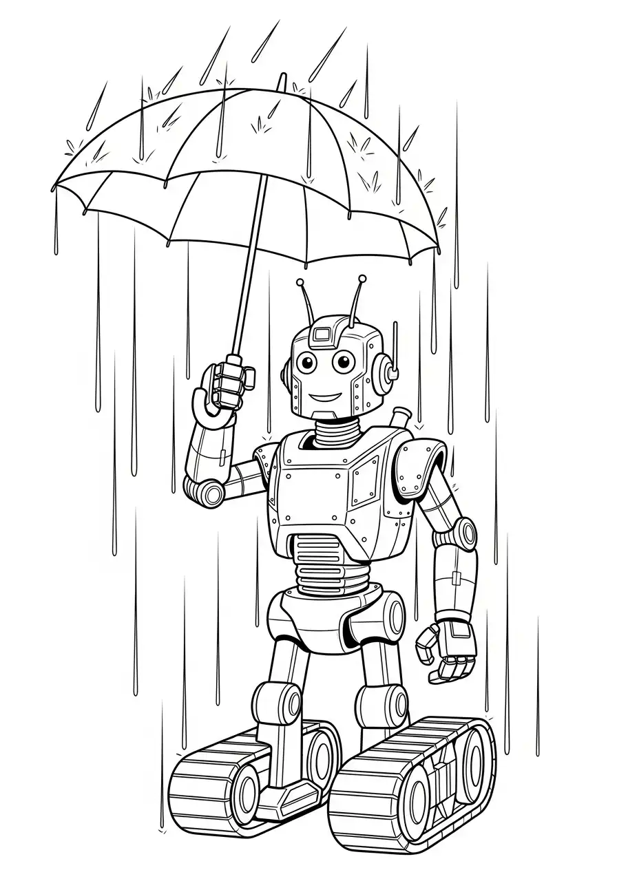 robot met paraplu in de regen kleurplaat