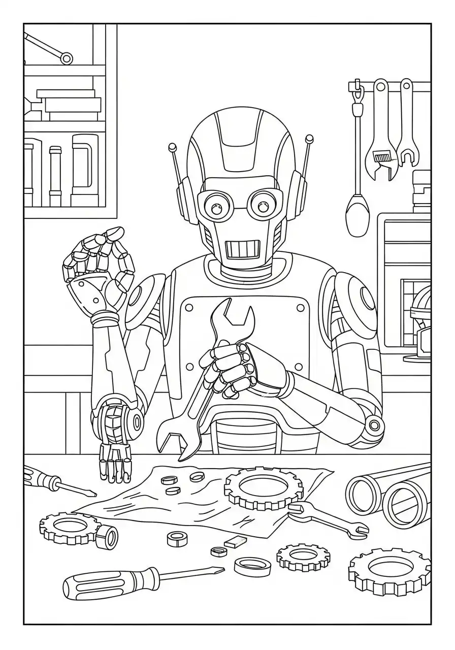 robot monteur met moersleutel kleurplaat