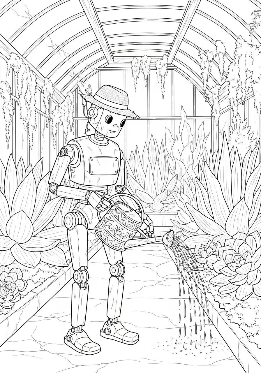 robot tuinman in kas kleurplaat