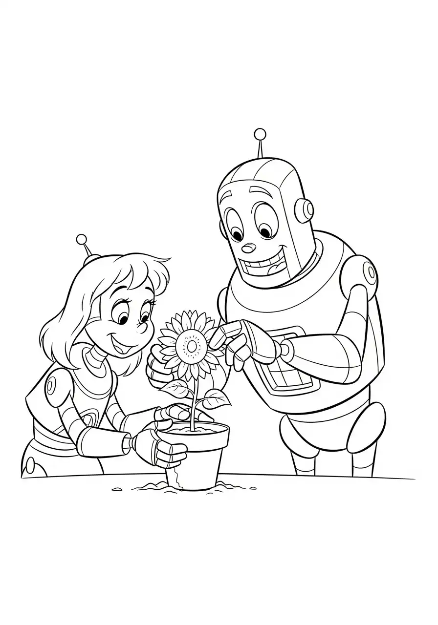 robots planten zonnebloem kleurplaat