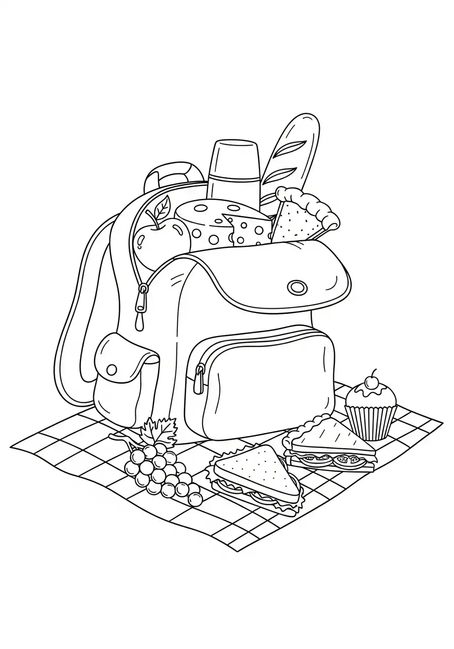 rugzak met picknicketen kleurplaat