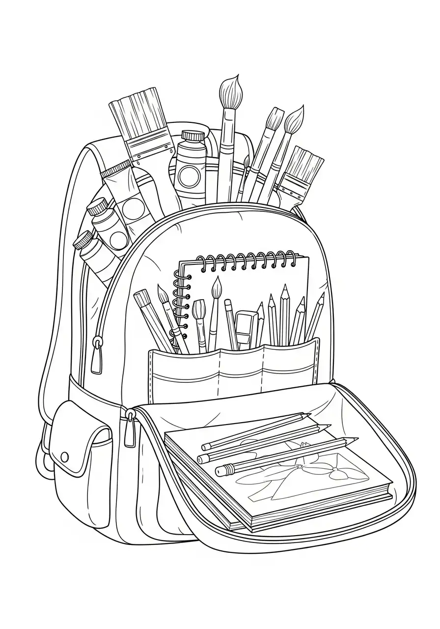 rugzak met schilder en tekenspullen kleurplaat