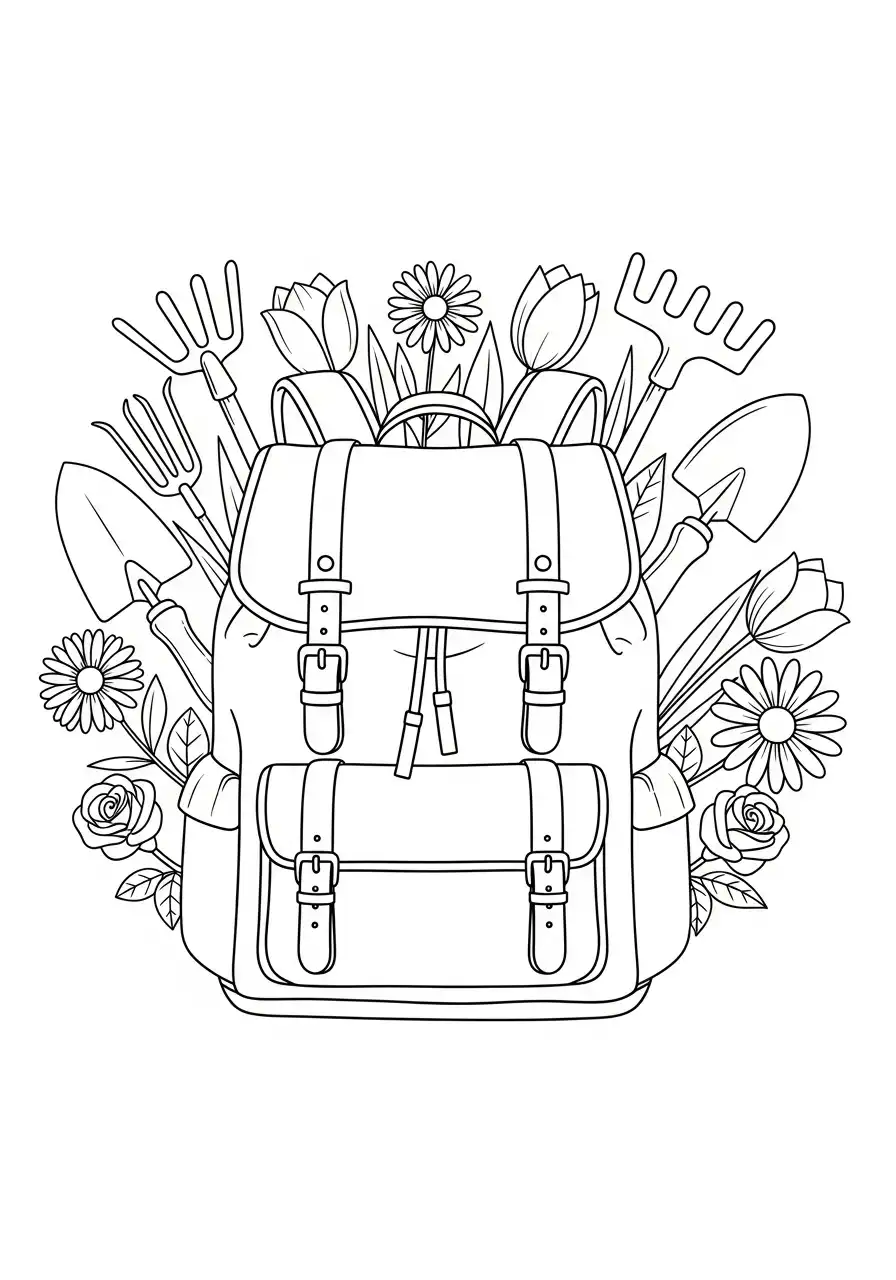 rugzak tuingereedschap bloemen kleurplaat