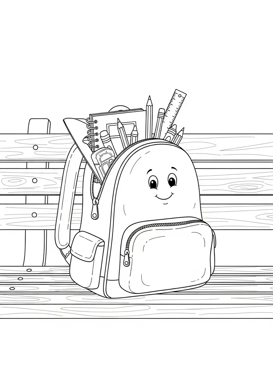 schooltas op bank vol spullen kleurplaat